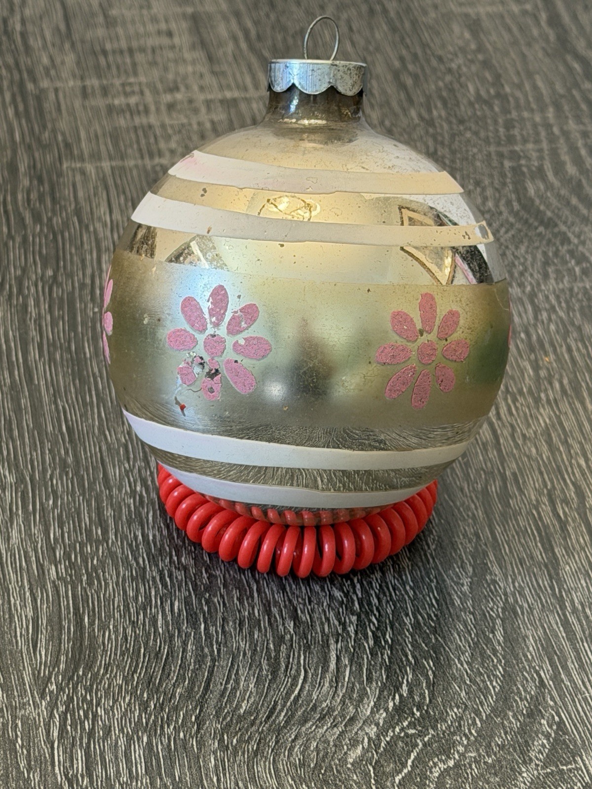 Vintage Shiny Brite Large Glass Christmas Ornament Pink Daisy Stencil Stripes