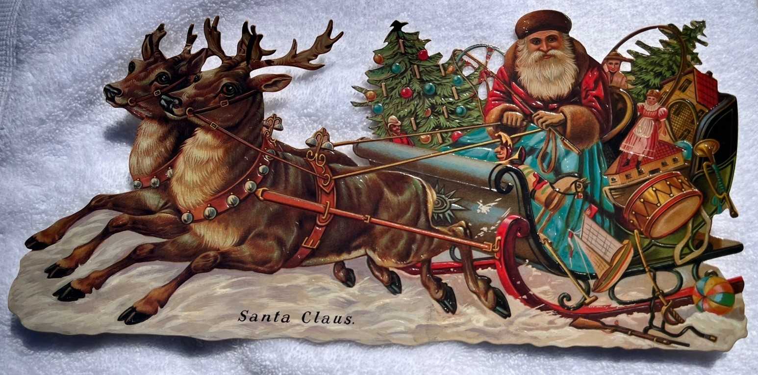 Vintage 1985 Merrimack Santa and Sleigh Victorian picture hanging Die Cut 14”x7”