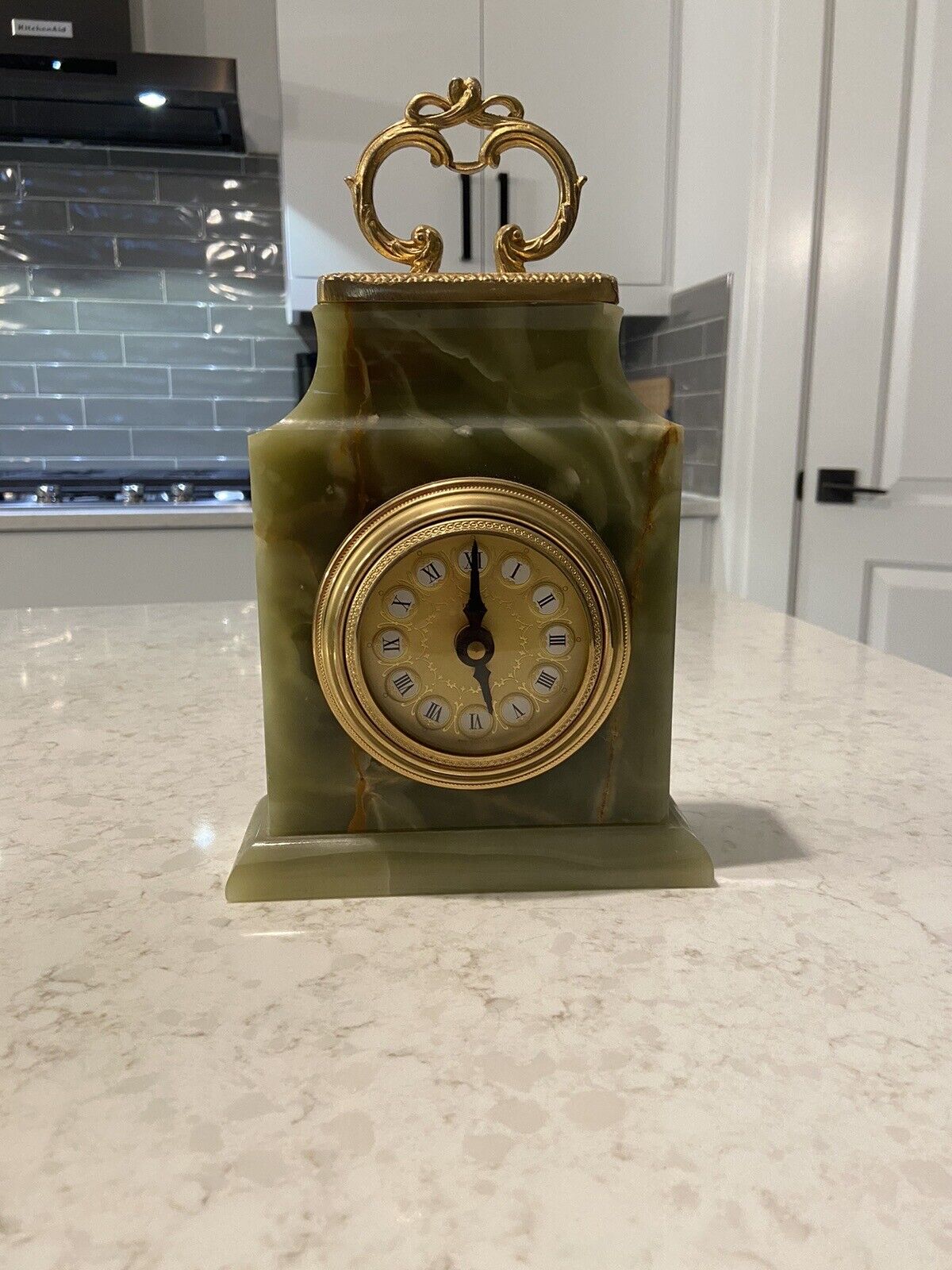TEL ART GREEN ONYX MARBLE AND BRASS CLOCK MADE IN ITALY.