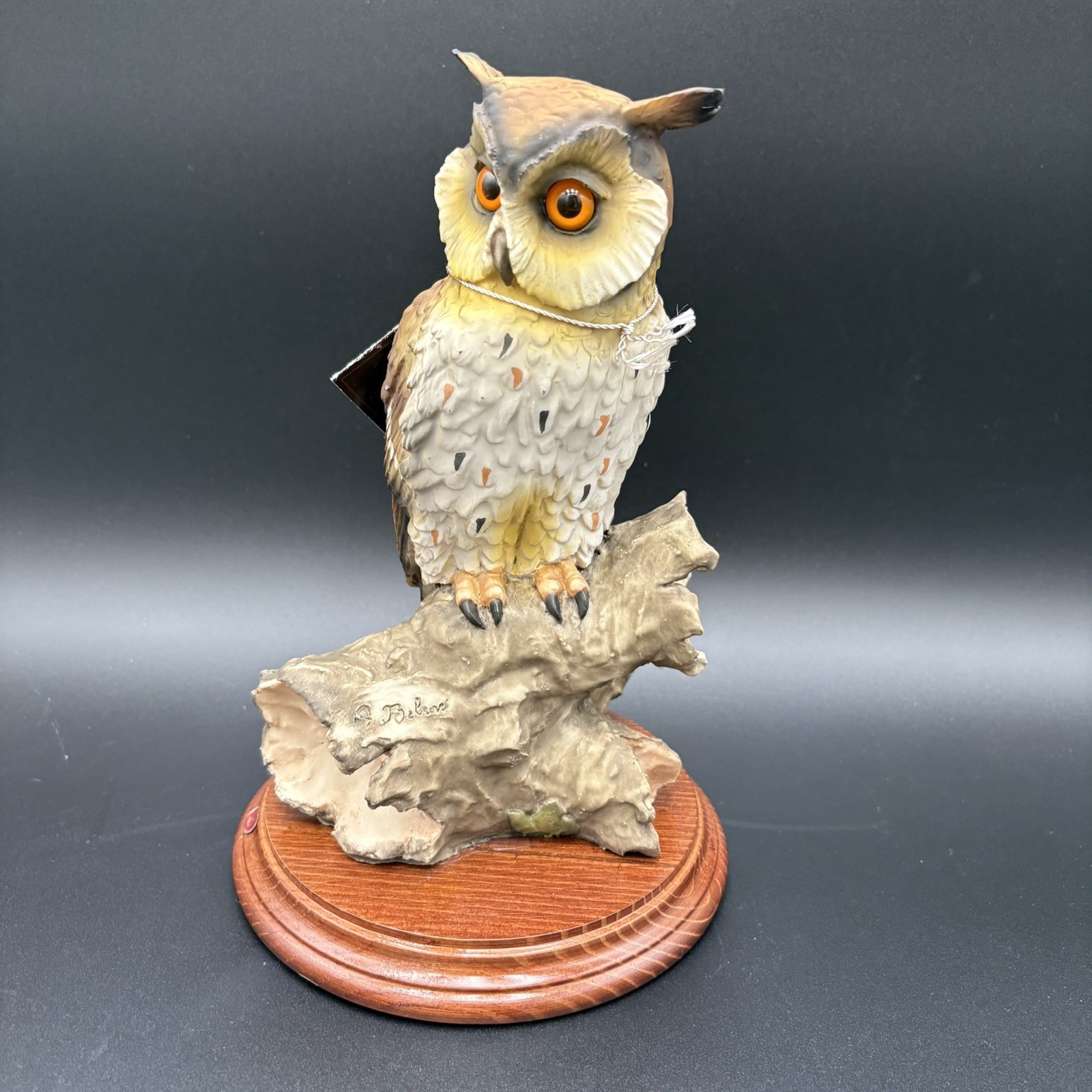 Vintage Auro Belcari Owl Figurine Made In Italy Capodimonte On Wood Base 10”
