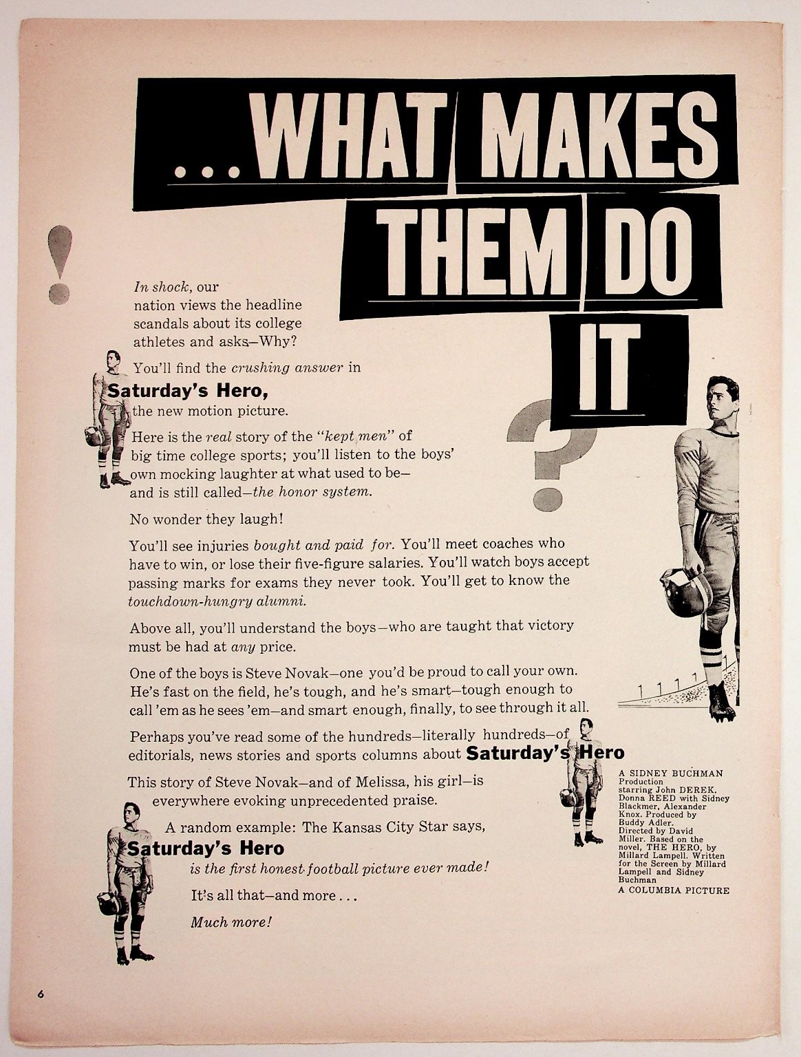 Vintage Saturday\'s Hero Movie Ad 1951 John Derek Donna Reed College Football