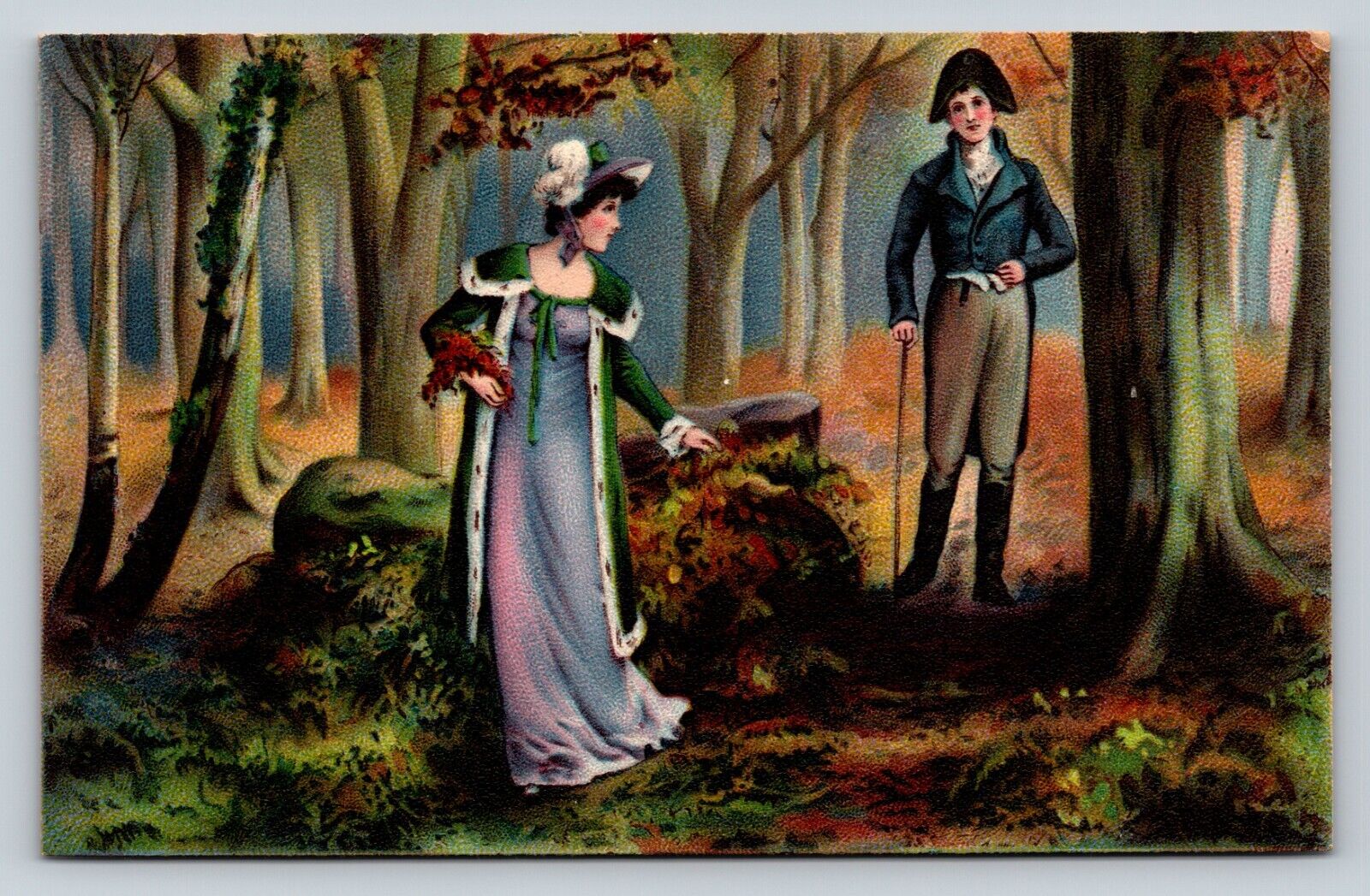 Woman in Green Fur Collar Cape with Man in Jacket with Hat Vintage Postcard 1712