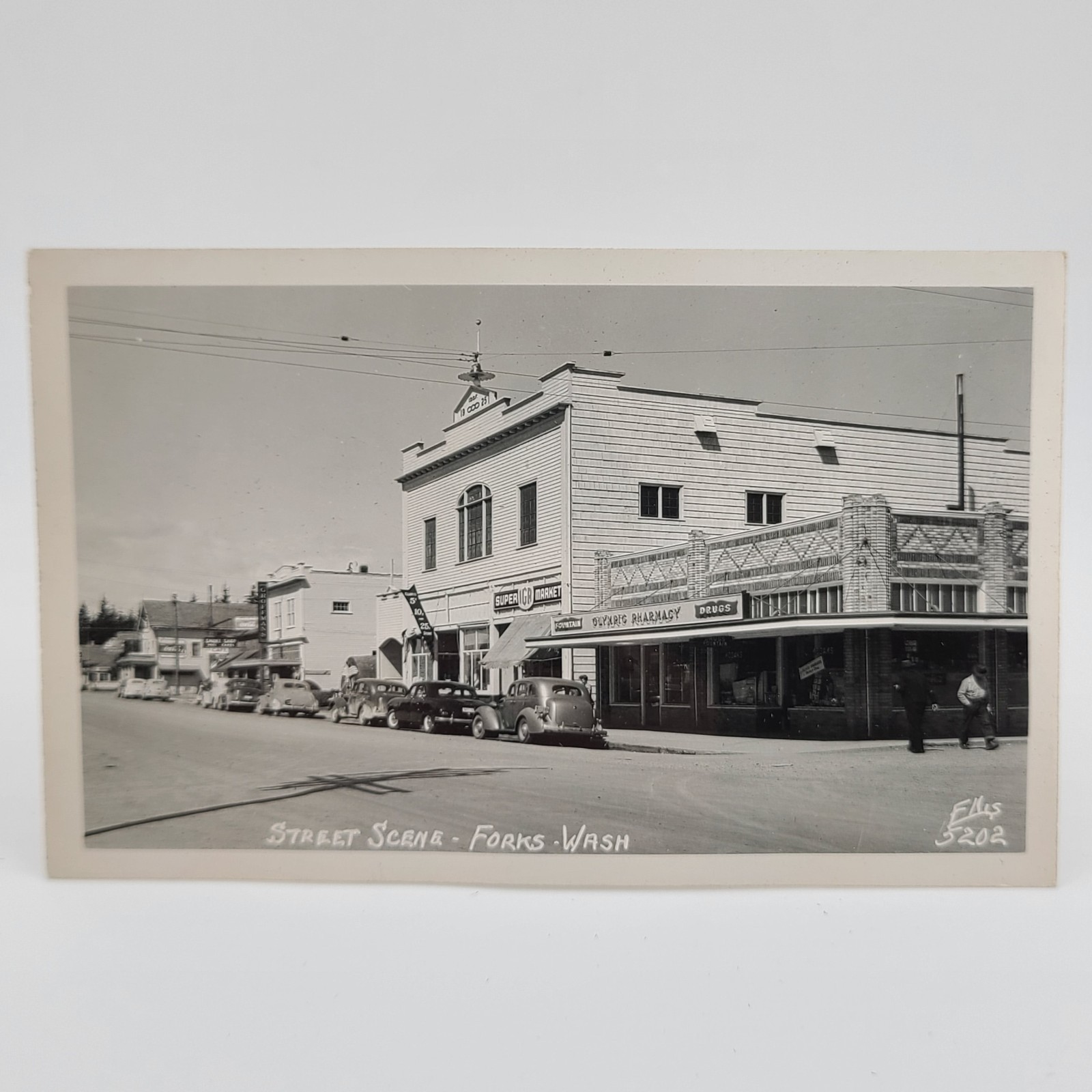 Forks WA Street Scene Olympic Pharmacy Super IGA Market Vintage RPPC Postcard