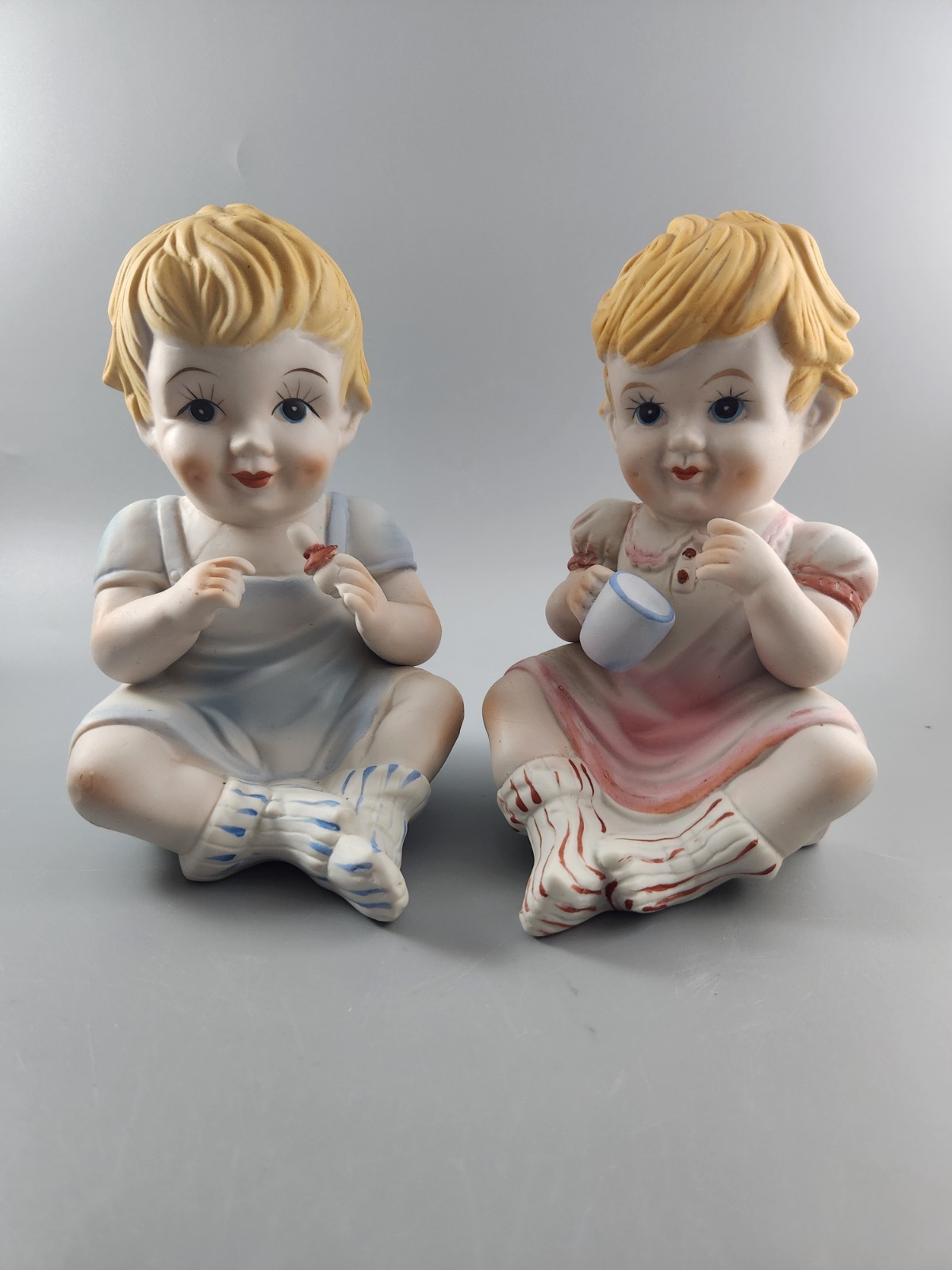 Vintage Porcelain Bisque Piano Babies Figurine Set Boy Girl Taiwan ROC
