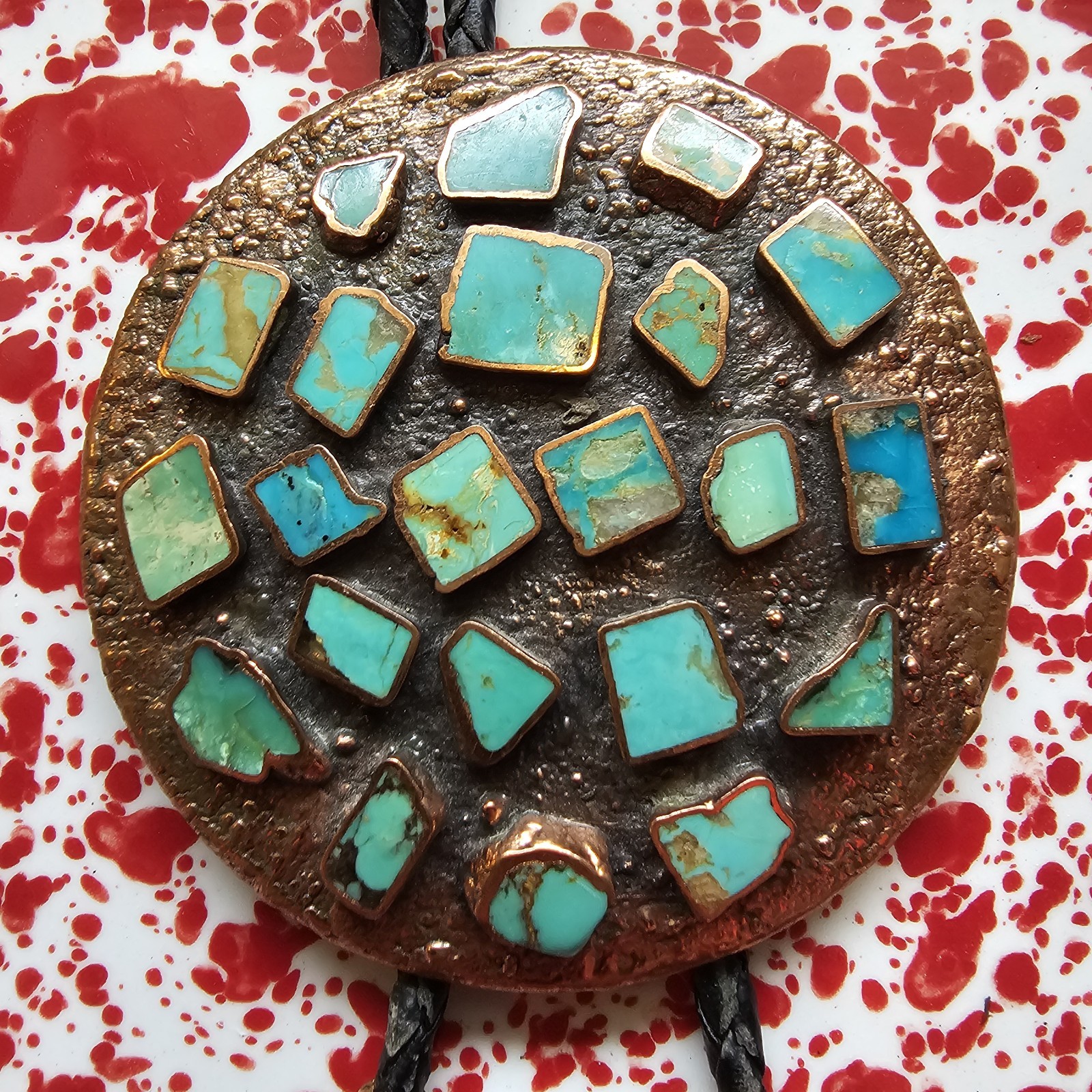Vintage Turquoise & Copper bolo by Navajo BELL TRADING CO 1950s.  MINT UNUSED 