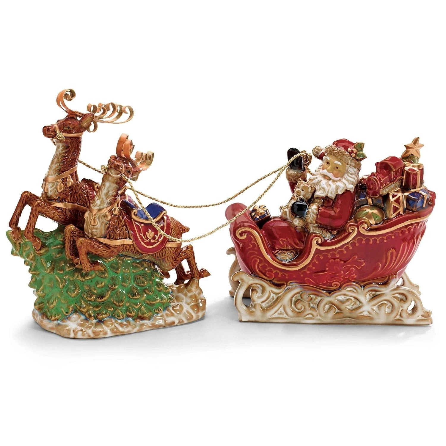 Porcelain Santa Sleigh with Reindeer Christmas Holiday Decor Figurine