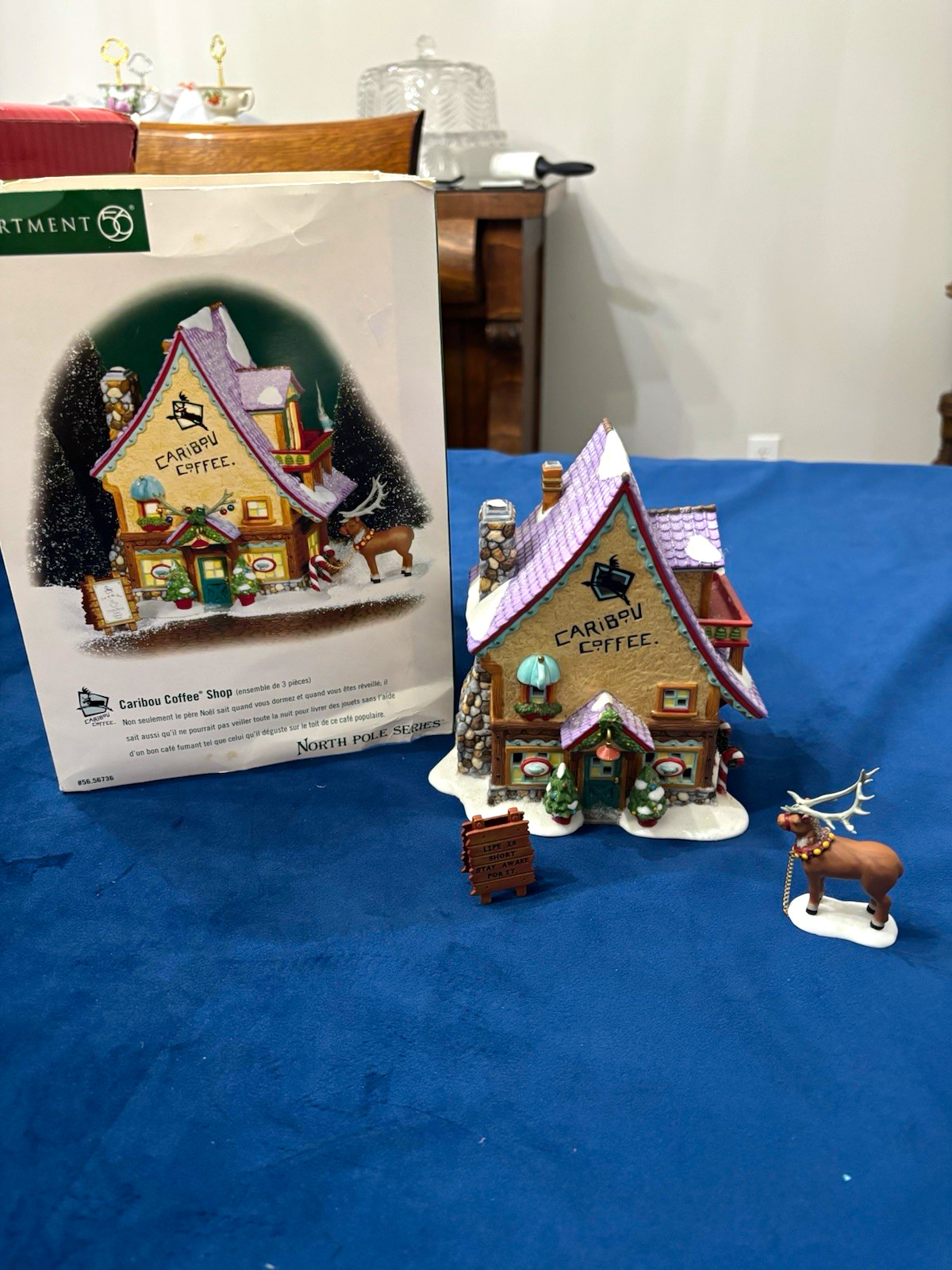 Department 56 North Pole Series Caribou Coffee Shop 3pc Set w/ Reindeer Sign