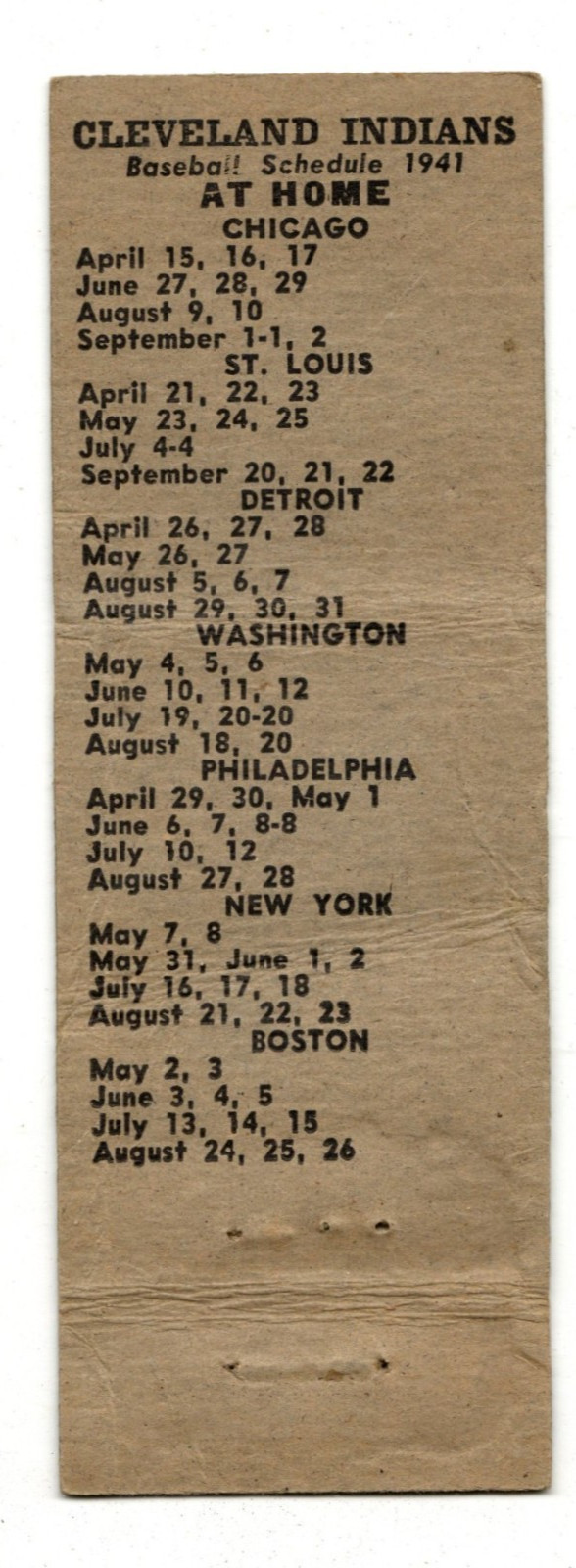 1941 CLEVELAND INDIANS BASEBALL SCHEDULE matchbook matchcover - PORT CLINTON, OH