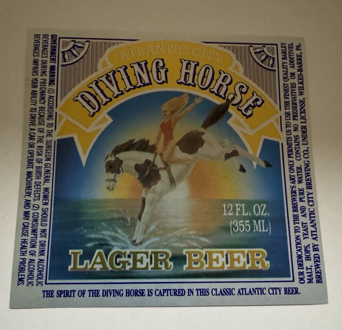 Atlantic City Diving Horse Lager Beer Label Wilkes-Barre, PA