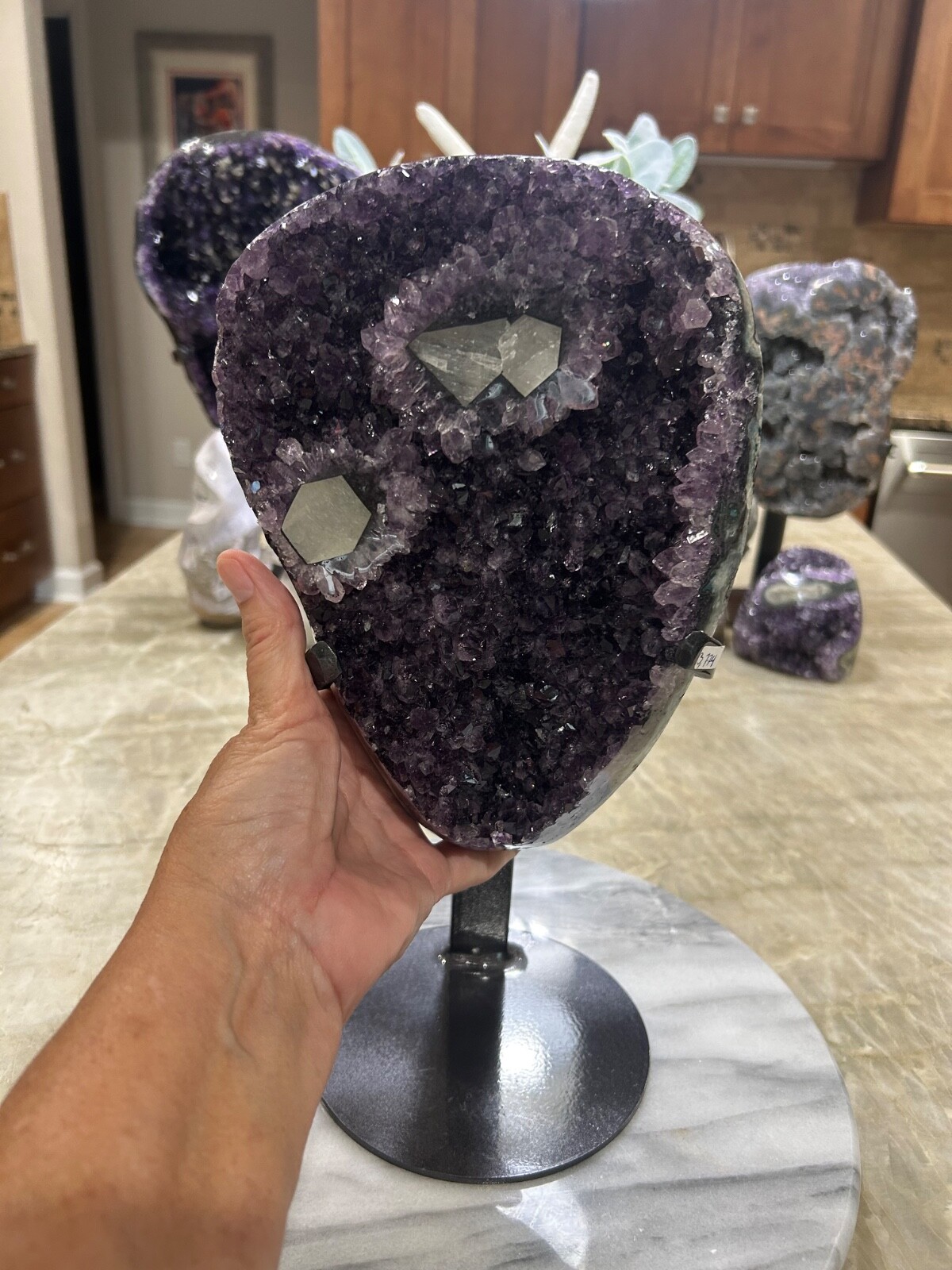 Purple amethyst with flat-calcite geode on stand 8lbs 5oz grape jelly