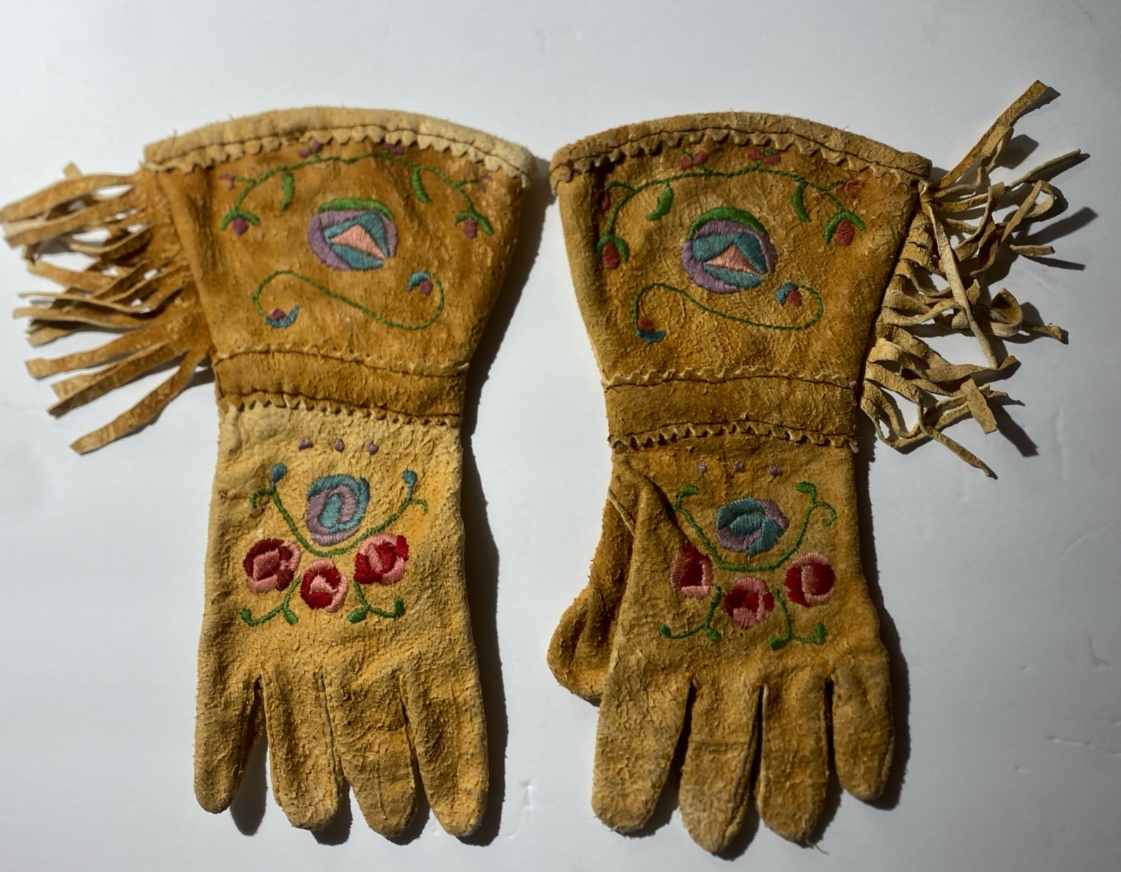Native American Vintage Or Older Gloves Embroided Fringed Gauntlets