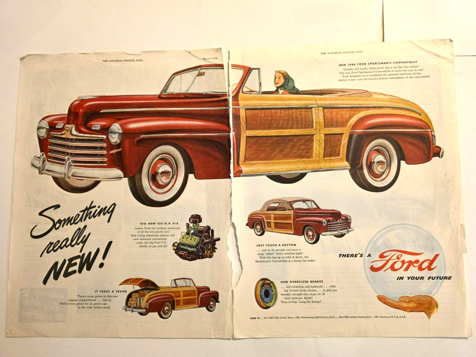 Vintage 1946 Ford Sportsman Convertible Ad & Quaker State Motor Oil Magazine Ad