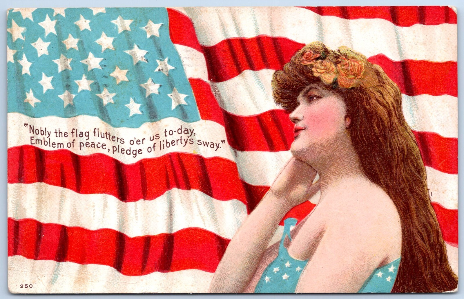 USA Patriotic NOBLY FLAG FLUTTERS O\'ER US TO DAY GIRL LONG HAIR EMBOSSED 1910