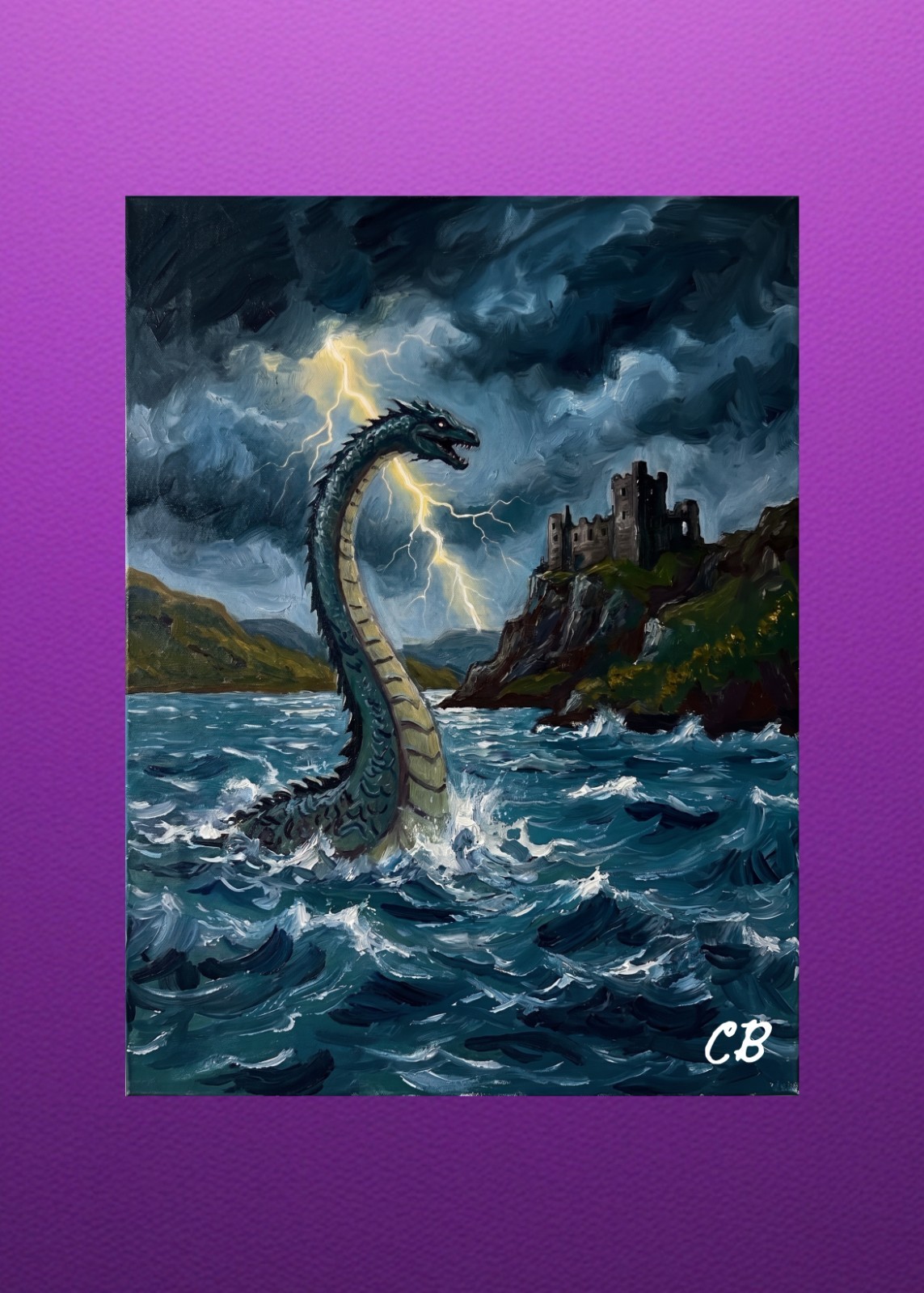 Loch Ness Monster Storm ACEO | Scottish Cryptid Folk Art | Castle Lightning