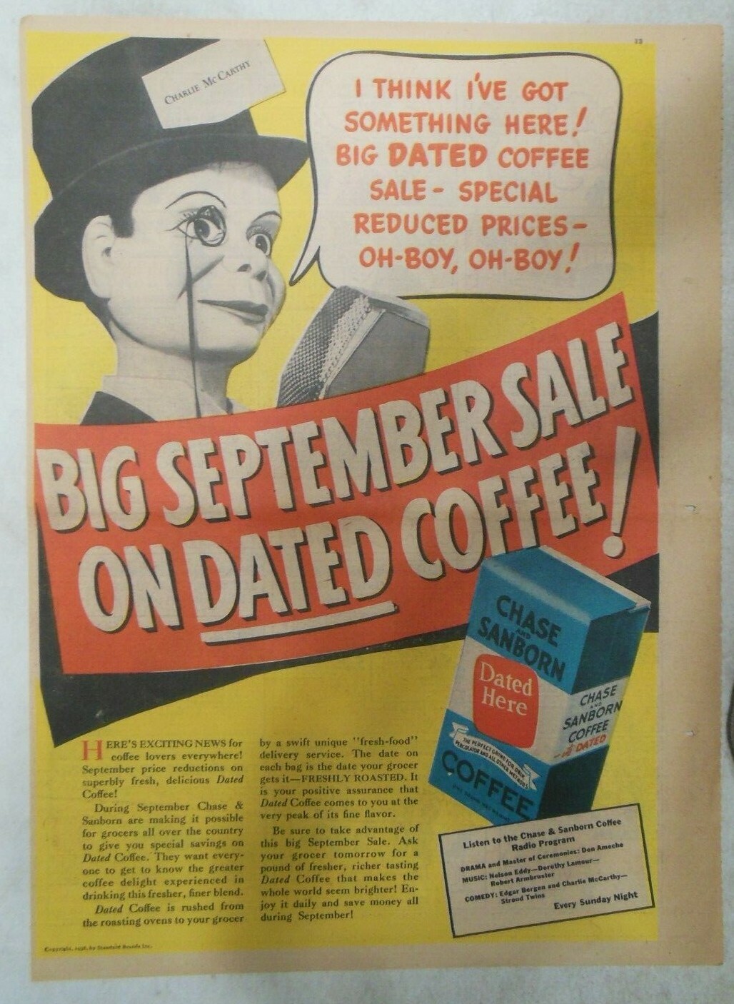 Charlie McCarthy Ad for Chase and Sanborn Coffee from 1930\'s 11  x 15 inches