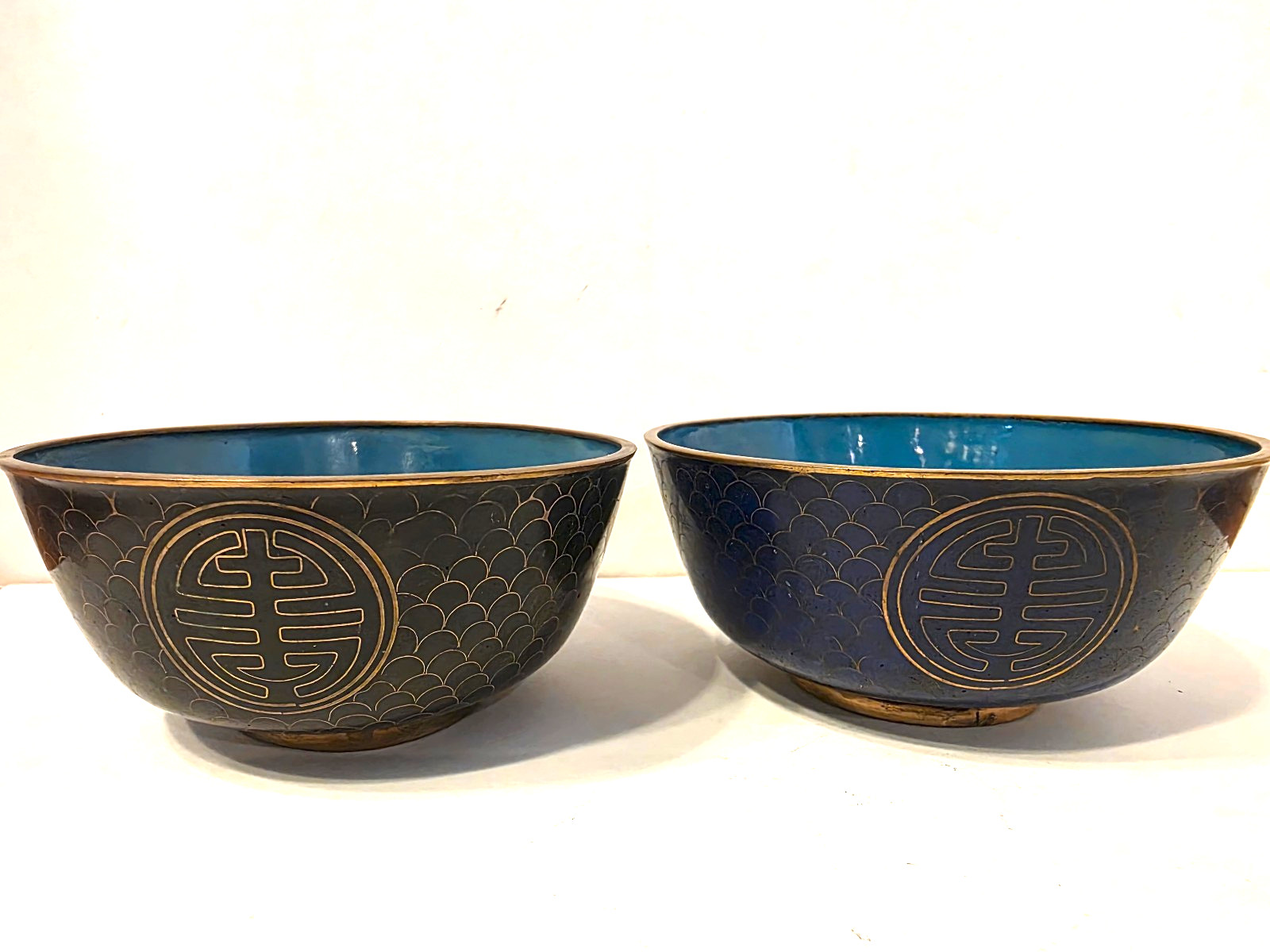 2 Pc. Vintage CHINESE CLOISONNE RICE BOWLS Blue Black