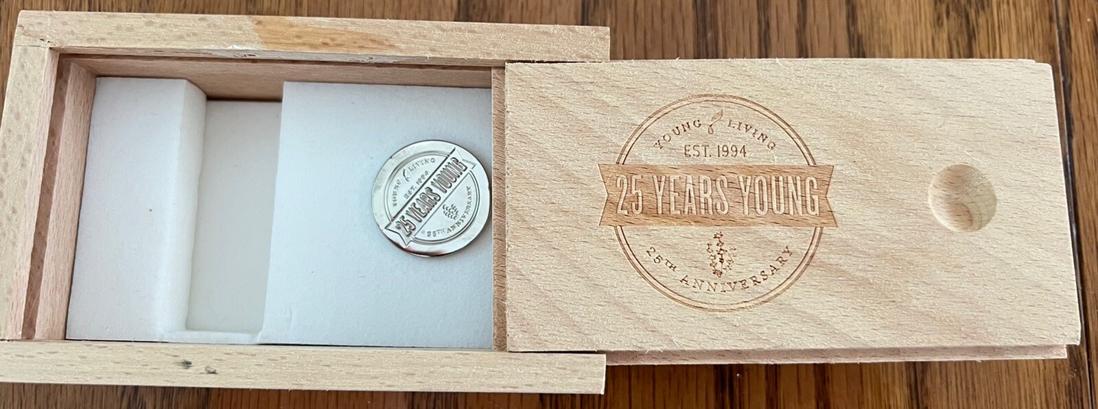 Young Living 25th Years Young Anniversary Box + Pin Wooden Commemorative Collect