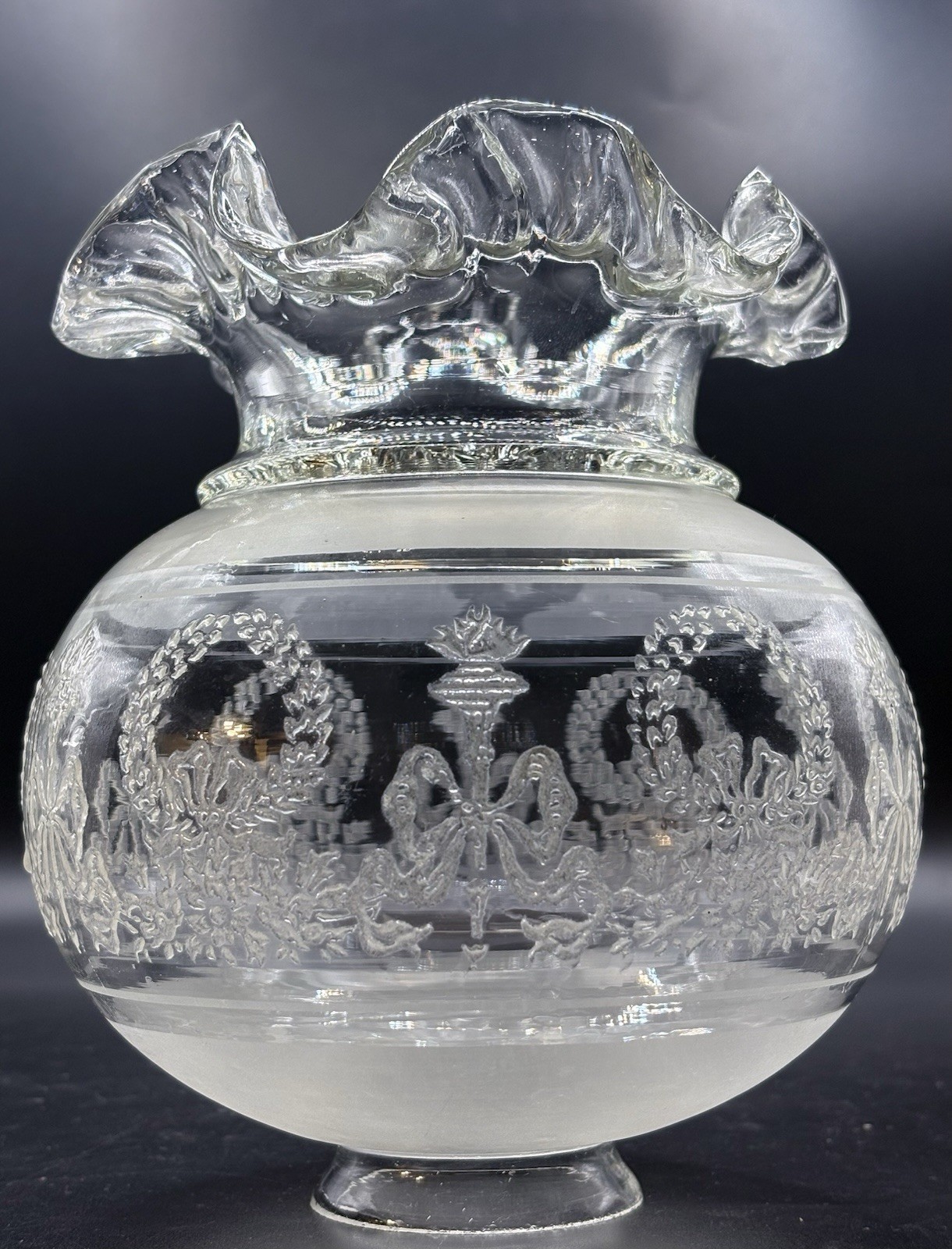 Etched Filigree Glass Gas Globe Lamp 6 3/4” Shade w/ Crimped Top 2 1/4” Fitter