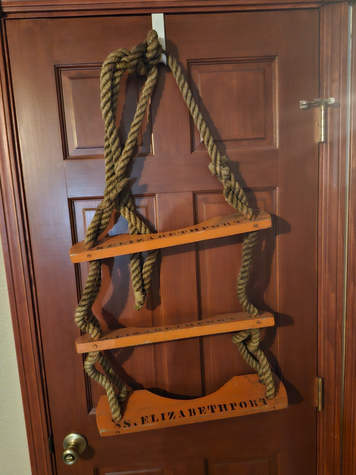 Vintage SS ELIZABETH PORT Nautical Rope Ladder w/ 3 Wooden Steps. Vintage SS ELIZABETH PORT Nautical Rope Ladder w/ 3 Wooden Steps.