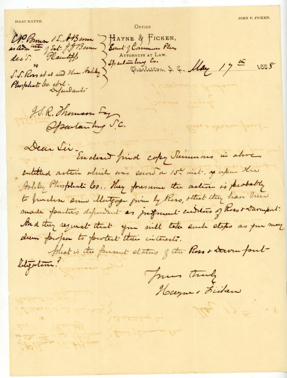 1885 South Carolina Legal Letter Hayne & Ficken Attorneys Charleston Spartanburg