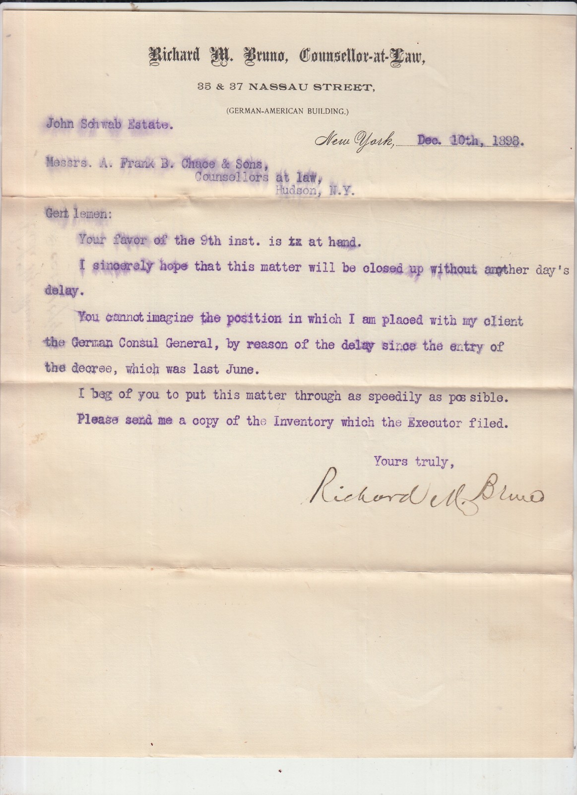 1898 Richard M Bruno German Consul General Counselors at Law Signed Letter