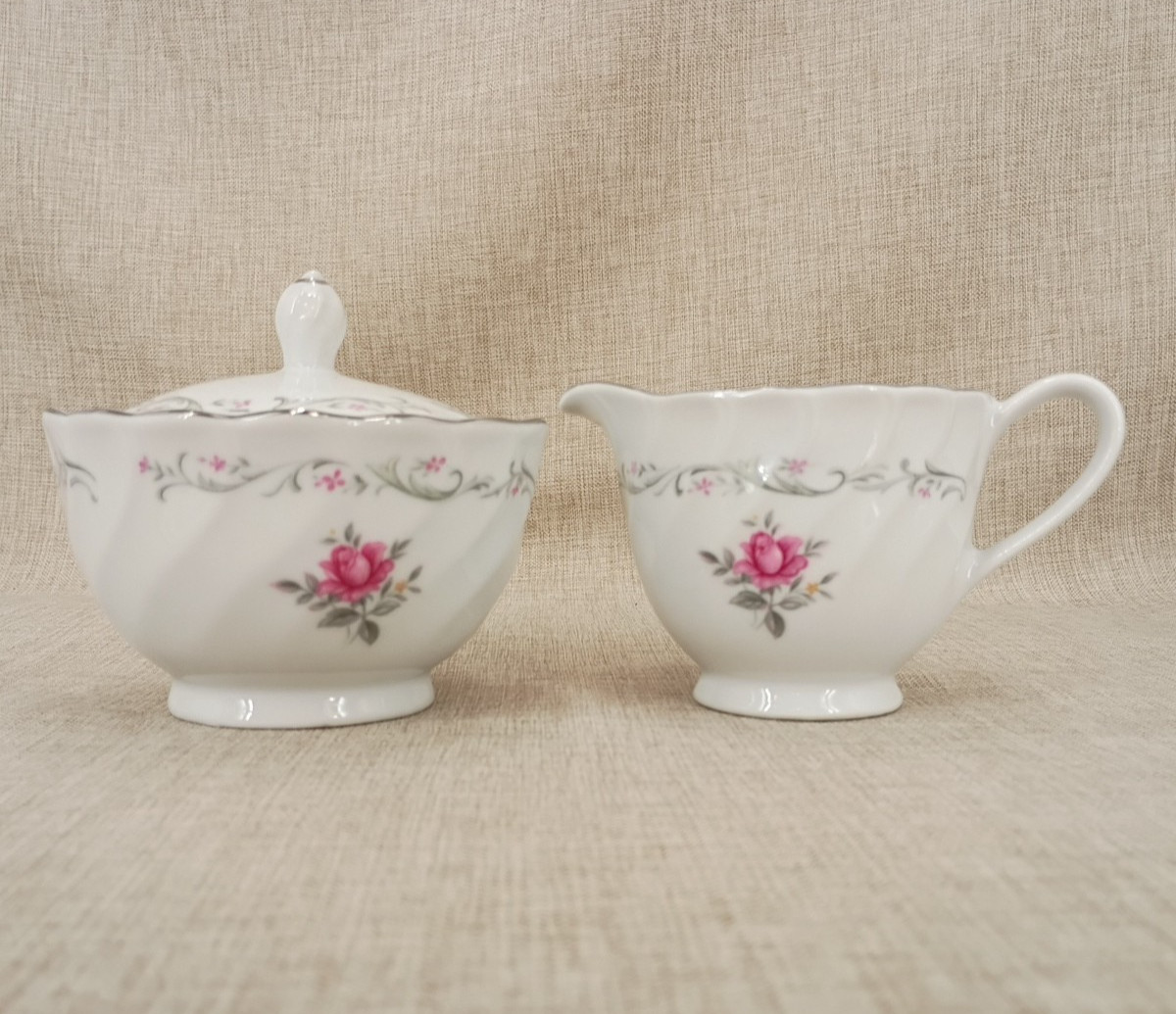 Royal Swirl Fine China of Japan Creamer and Sugar Bowl with Lid Set Pink Rose
