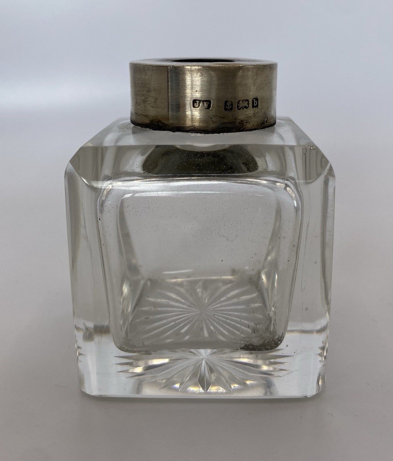 Antique 1901 Birmingham Sterling Silver & Cut Glass Open Inkwell Starburst Base