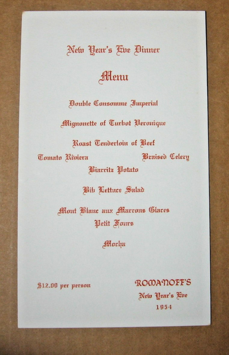 Rare Original 1954 ROMANOFFS Restaurant Beverly Hills New Years Eve Dinner Menu