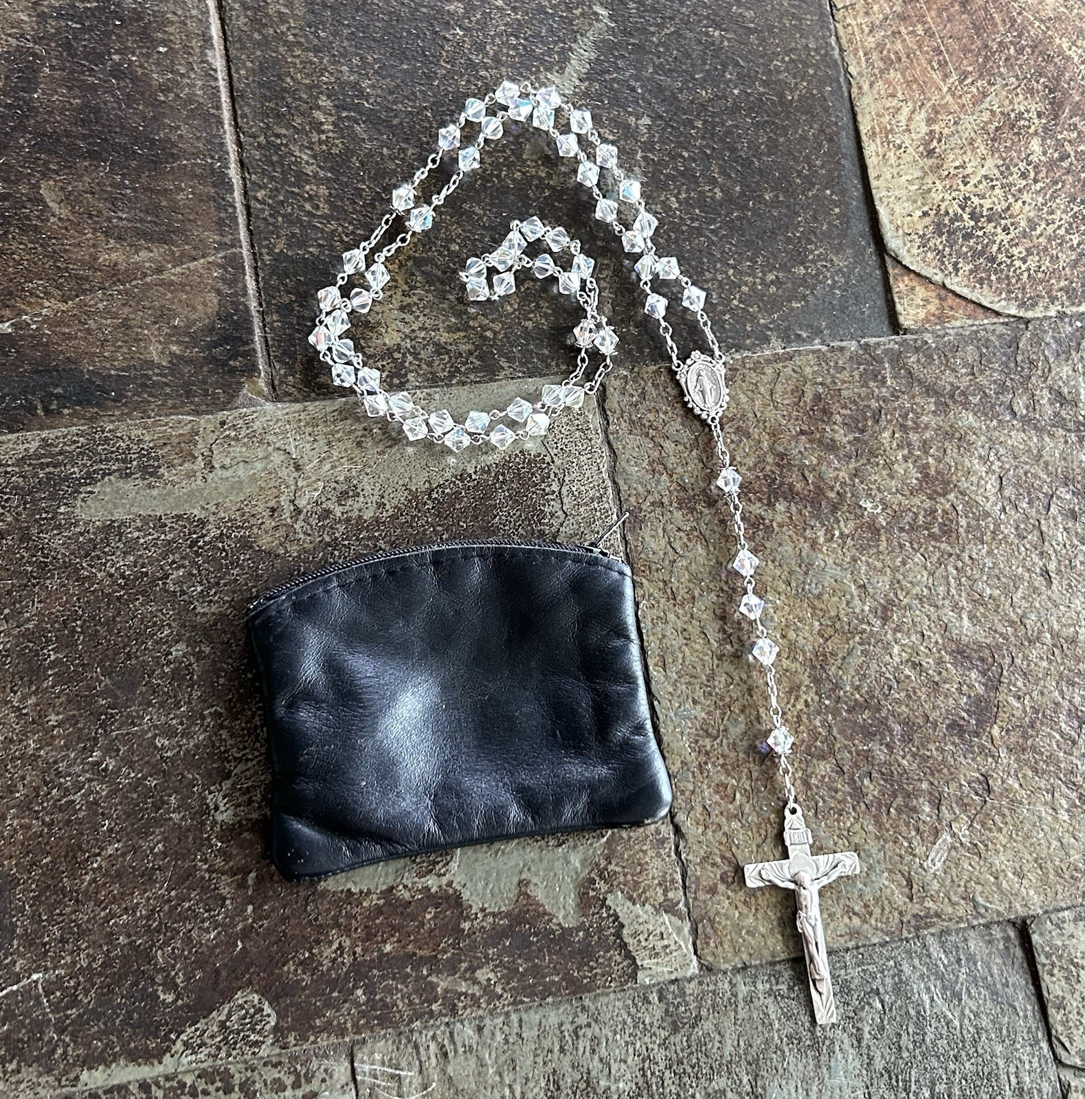 Vintage Sterling Silver Rosary Clear Glass Faceted Beads Crucifix Catholic 22.5\