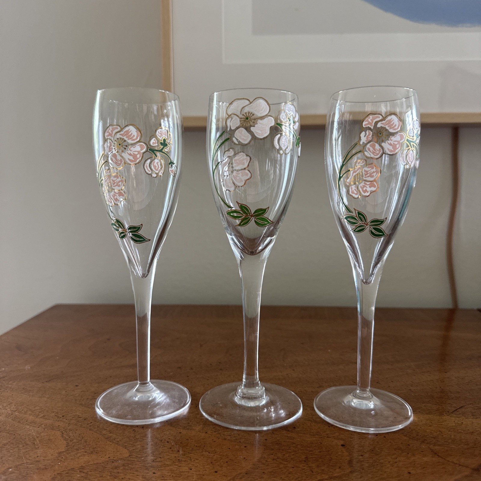 THREE NEW Hand Painted Perrier-Jouët Belle Èpoque 7.5” Champagne Flutes, France