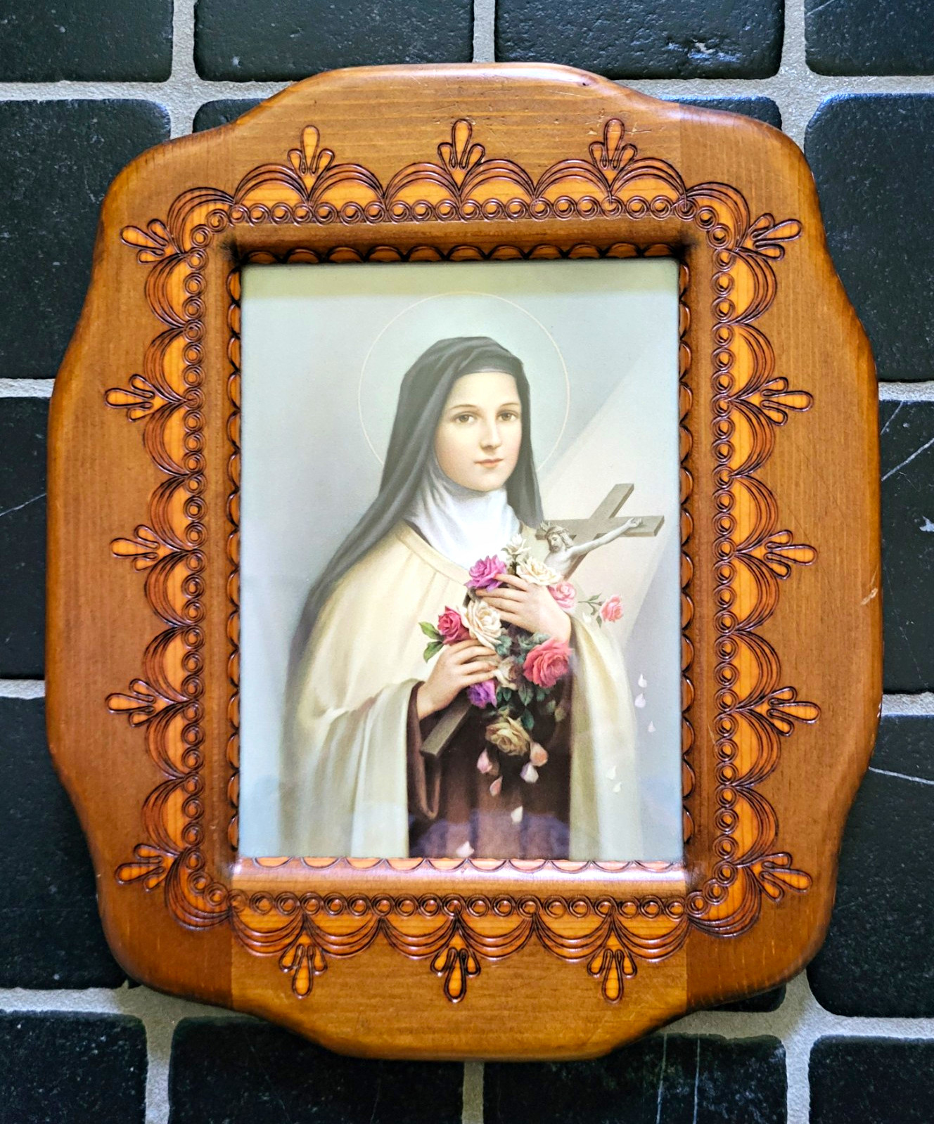 Vintage Devotional Print of St. Therese of Lisieux in an Ornate Wooden Frame