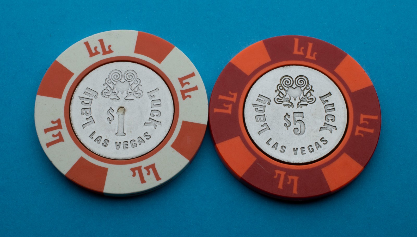 1980s $1 & $5 Lady Luck Casino Poker Chips Las Vegas Nevada 1980s $1 & $5 Lady Luck Casino Poker Chips Las Vegas Nevada