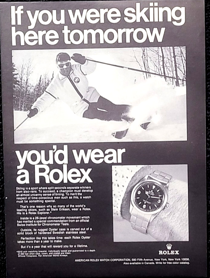 Rolex Explorer Original 1969 Vintage Print Ad Skiing Wall Art