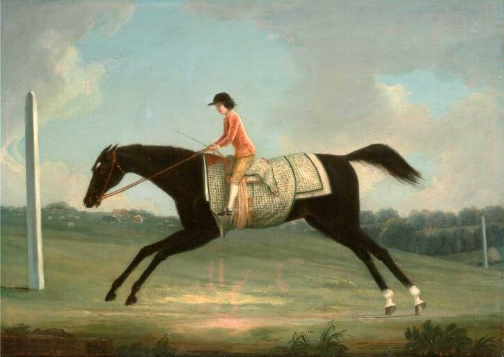 Classical oil painting child riding black horse running in landscape hand paint