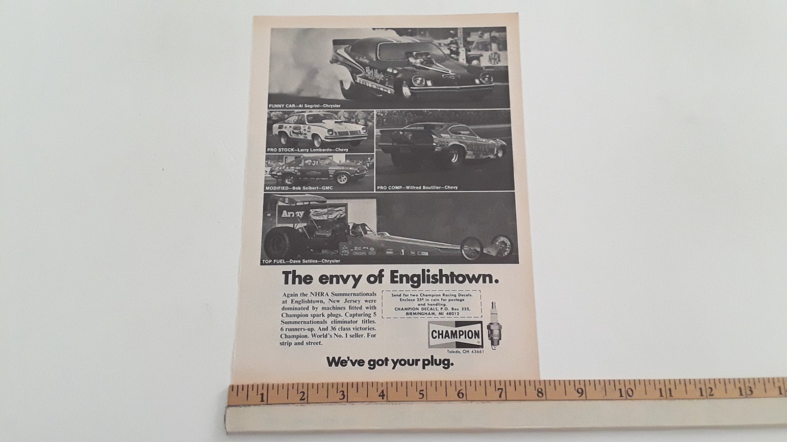 1974 NHRA ENGLISHTOWN NEW JESERY SUMMERNATIONALS - CHAMPION PLUGS - ORIGINAL AD 1974 NHRA ENGLISHTOWN NEW JESERY SUMMERNATIONALS - CHAMPION PLUGS - ORIGINAL AD