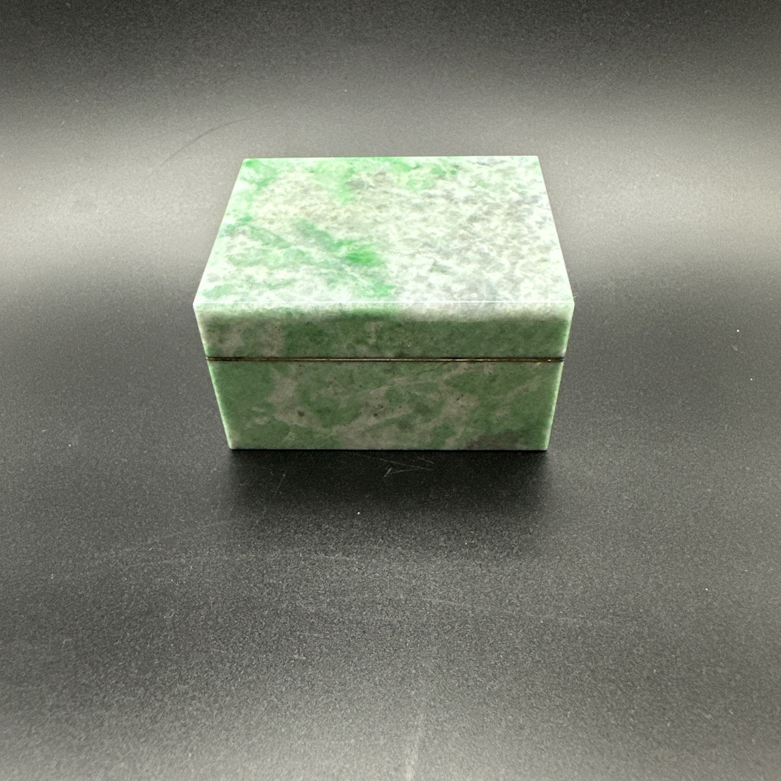 Small Green jade Stone Trinket Box Hinged Lid Metal Trim Lined