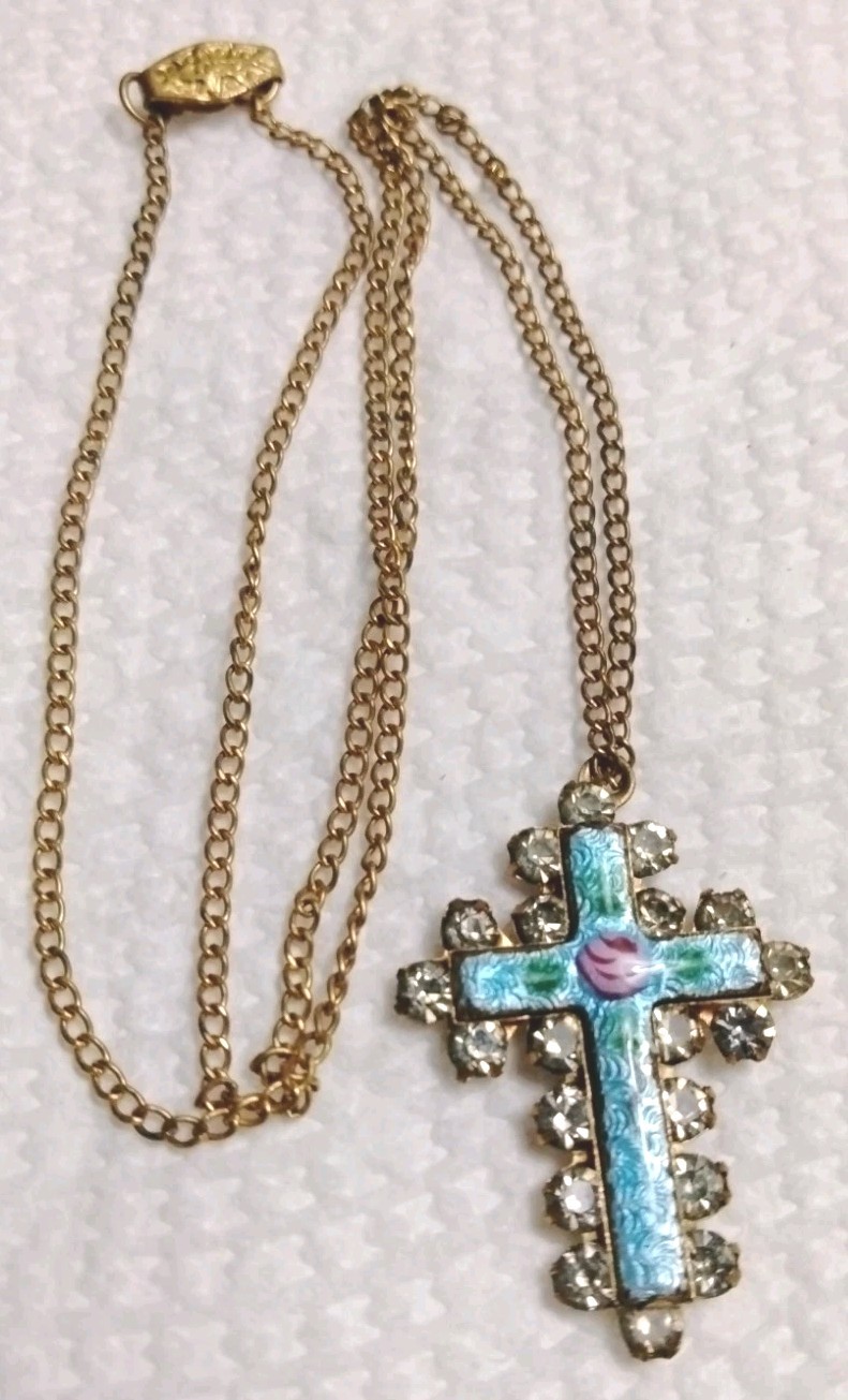 Vintage Blue Enamel & Flower Cross With Rhinestones 16\ Vintage Blue Enamel & Flower Cross With Rhinestones 16\