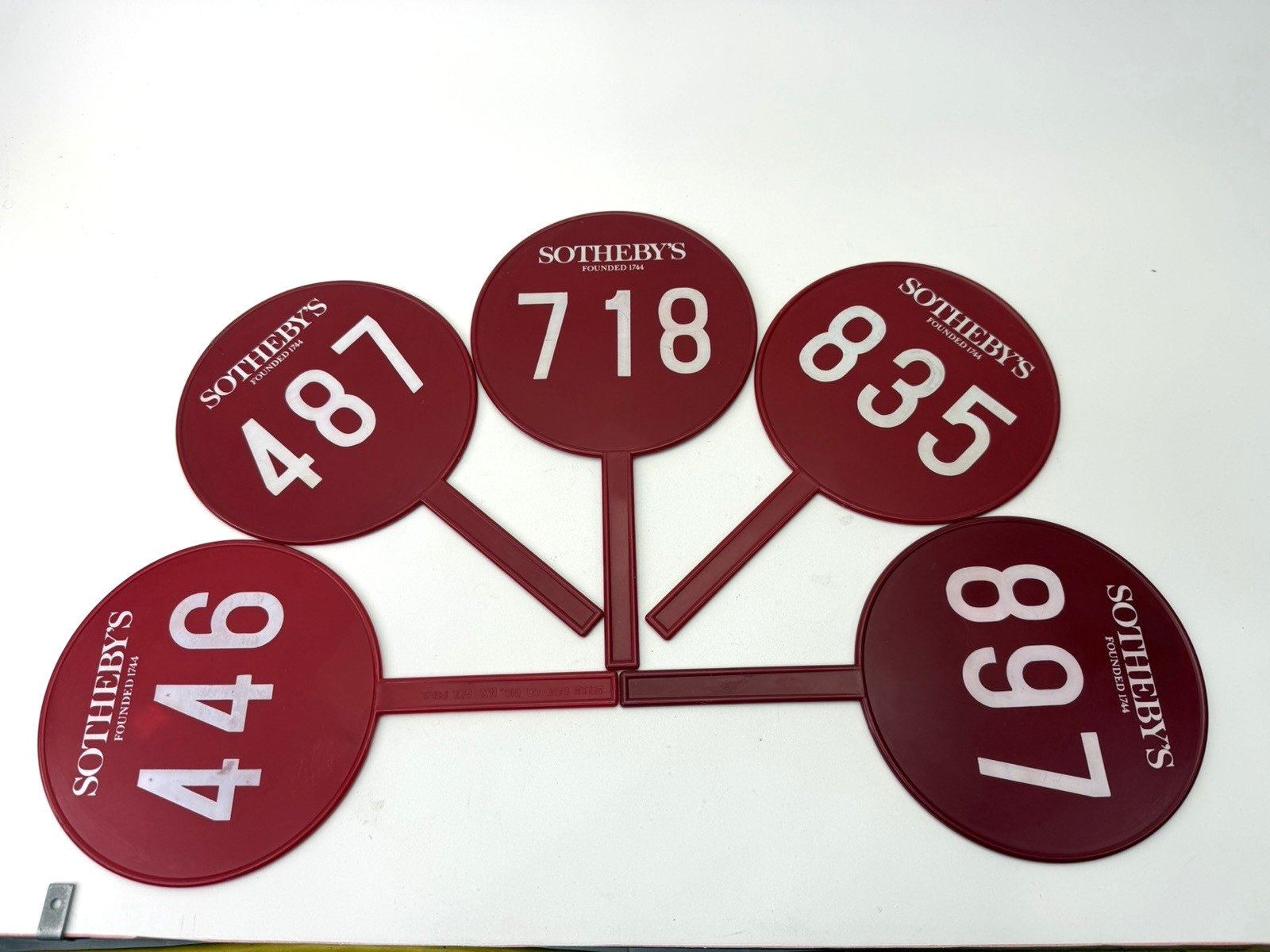 Lot Of 5 Vintage Sotheby’s Auction Bid / Bidder Paddle Double Sided Red Lot Of 5 Vintage Sotheby’s Auction Bid / Bidder Paddle Double Sided Red