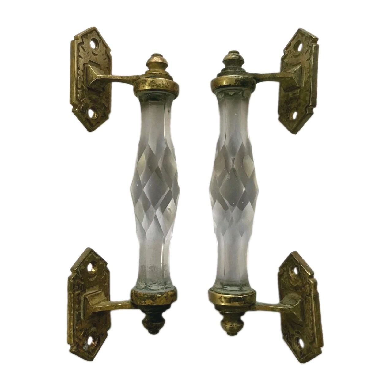 2 PC\'S RARE VINTAGE BRASS CUT GLASS VICTORIAN ROYAL HANDLE  COLLECTABLE 