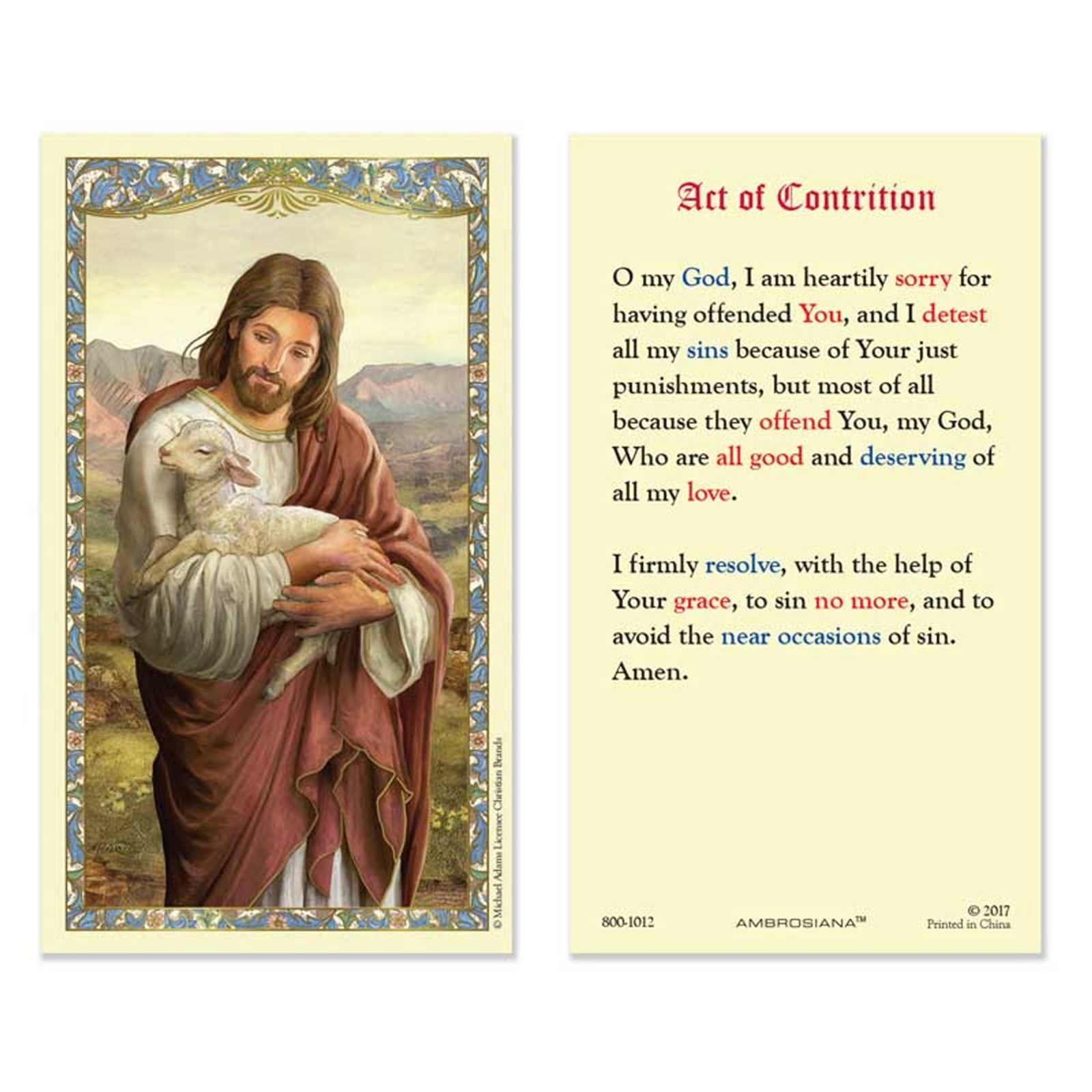 Act of Contrition Good Shepherd Jesus Christ Catholic Prayer Laminated Holy Card
