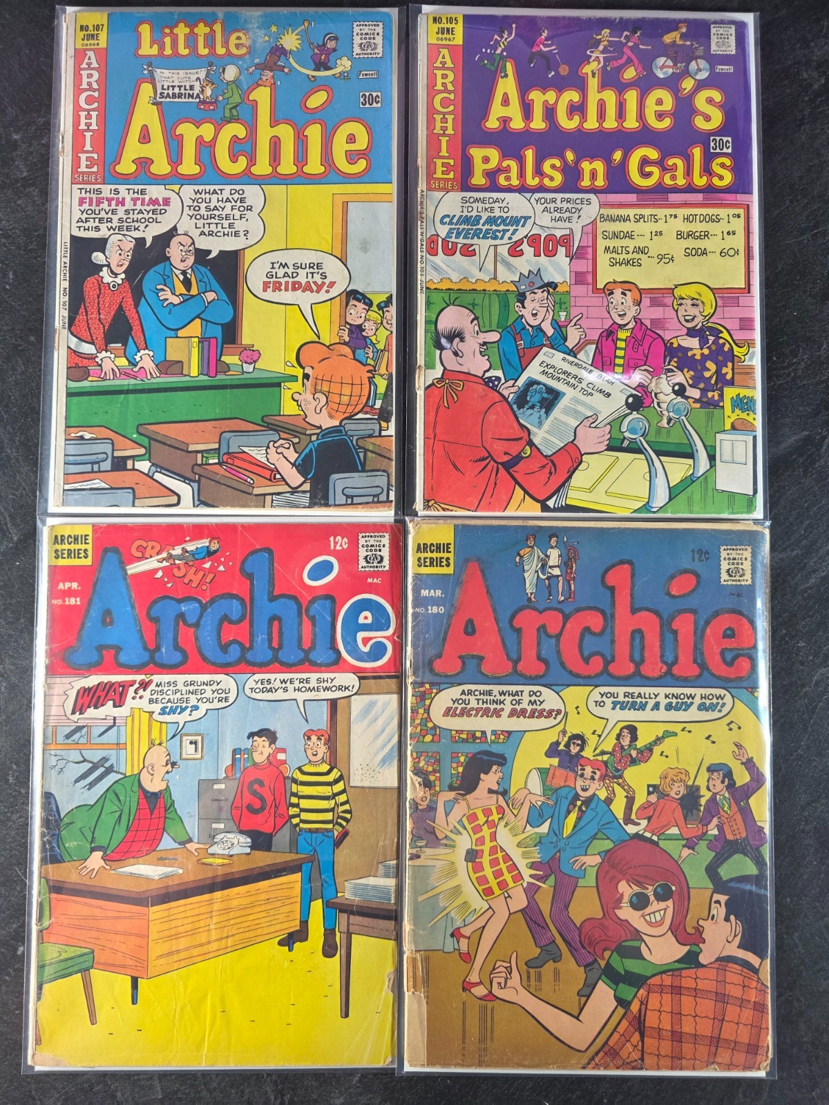 MISC VINTAGE ARCHIE COMICS #107, #105, #180, #181 - LOW GRADE