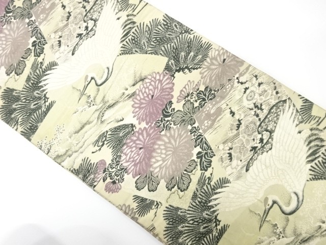 7687897: JAPANESE KIMONO / ANTIQUE MARU OBI / WOVEN CRANES & PINE & UME & KIKU
