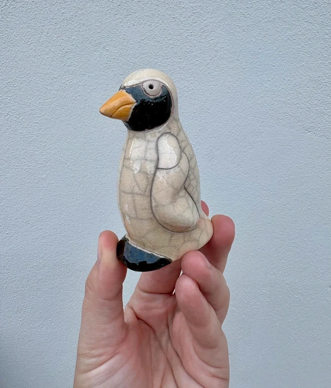 Vintage C.1990s Handmade Studio Pottery S.African Raku Penguin Figurine Ornament
