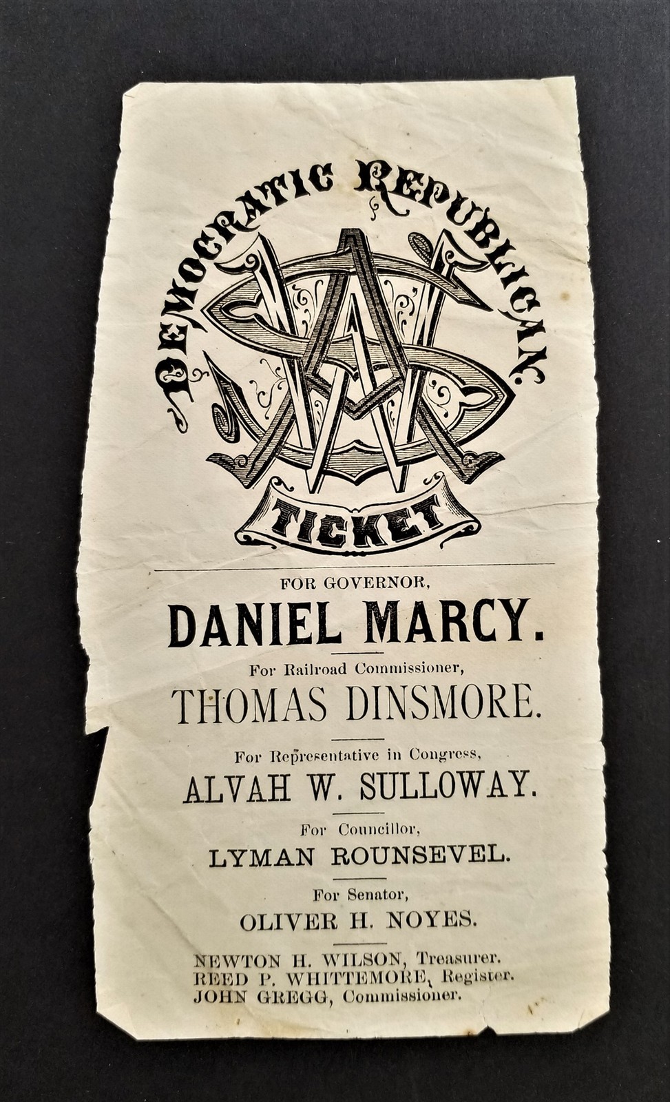 1877 antique POLITICAL REPUBLICAN campaign New Hampshire TICKET Daniel MARCY