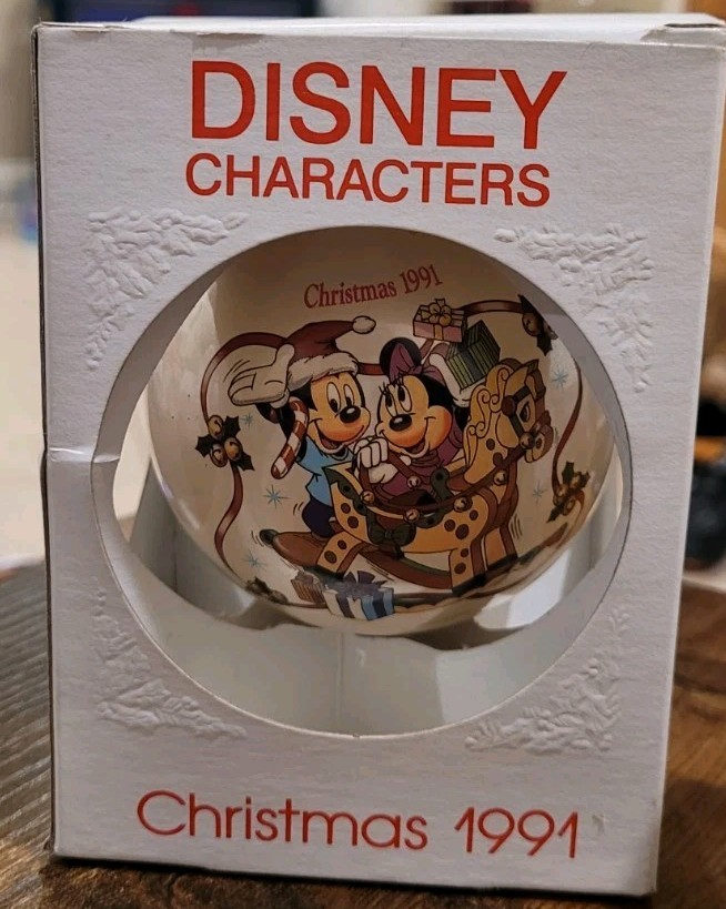 Vtg 1991 Schmid Disney Ornament Mickey Minnies Rockin Christmas Glass Ball Boxed