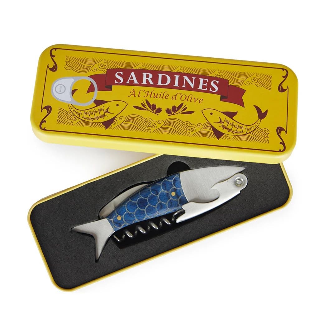 Balvi Sardines Corkscrew & Bottle Opener in Blue Tin, Metal Wine & Beer Opener