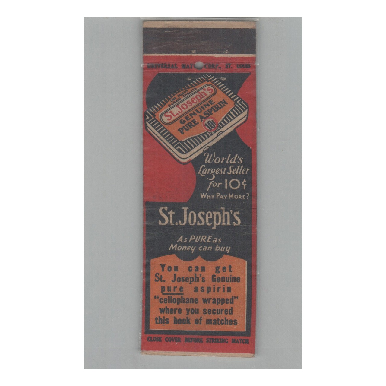 1920s-1930s Universal Match Matchbook Cover St. Joseph\'s Pure Aspirin