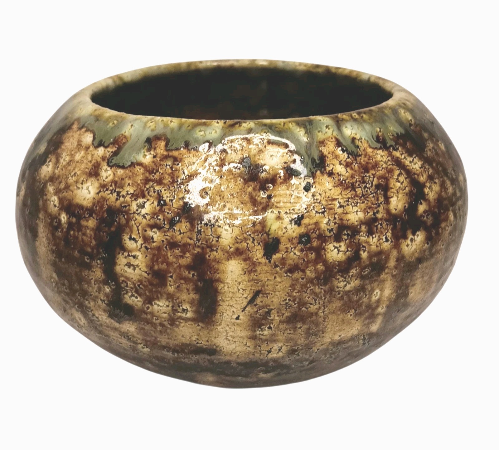 Studio Art Pottery Ceramic Round Planter Mottled Brown Tan & Green 5\