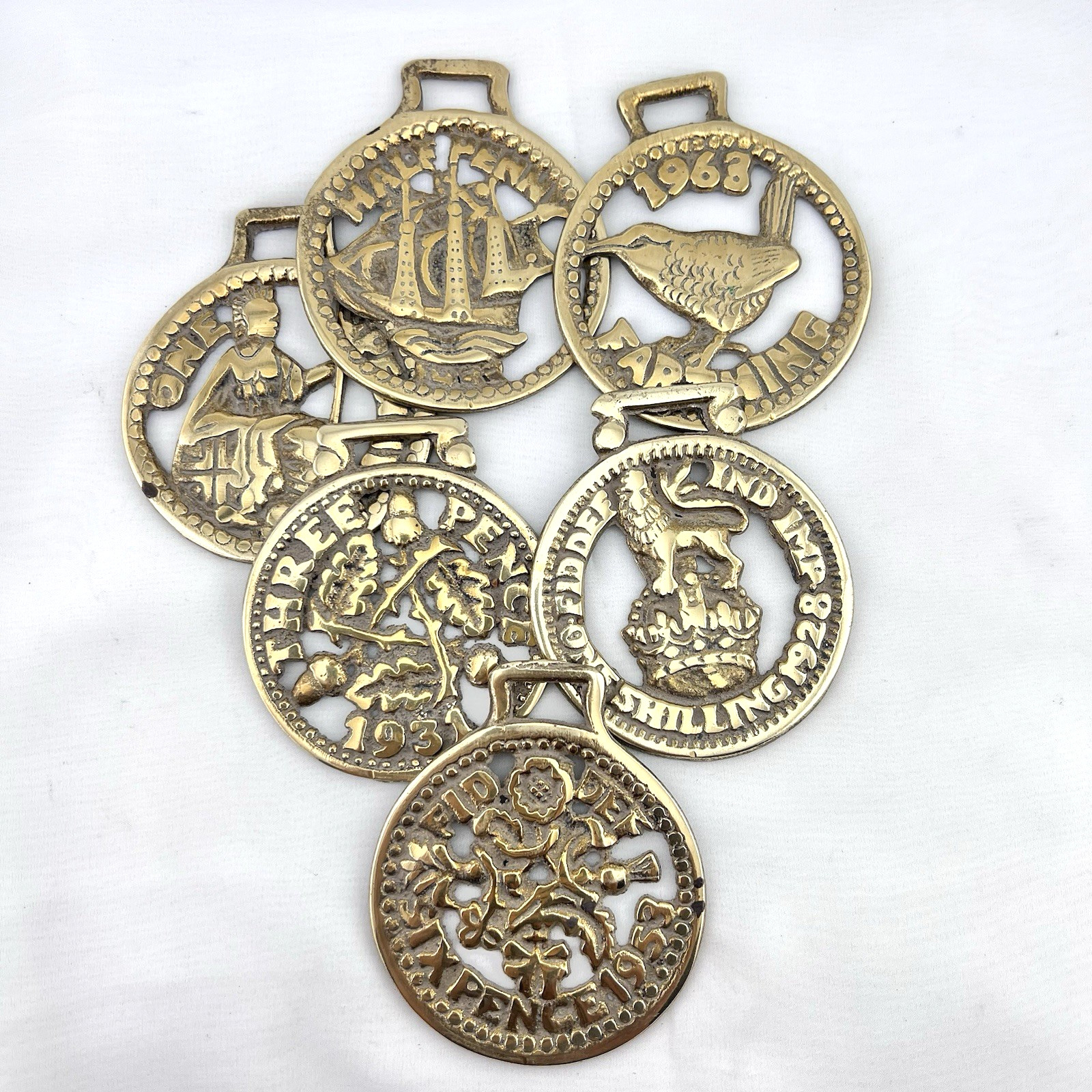 Brass Horse Medallion Lot of 6 Vintage English Coin Penny Pence Farthing Harness