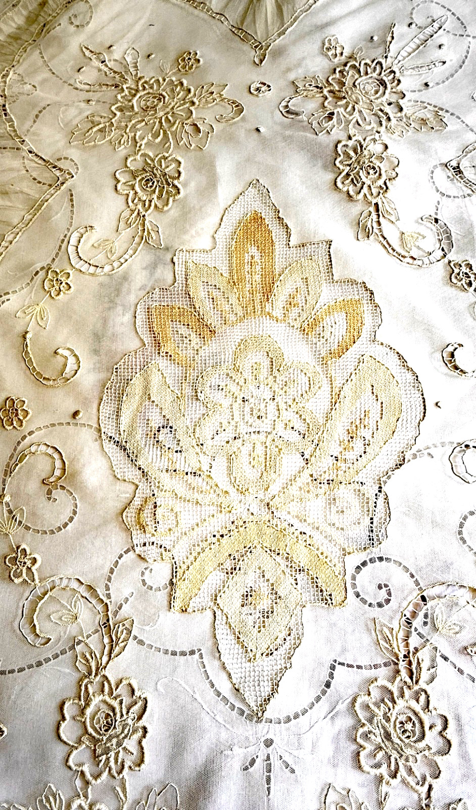 Antique Cottagecore  Lace Bedspread w/ Embroidery,  Tambour Tassels  B160